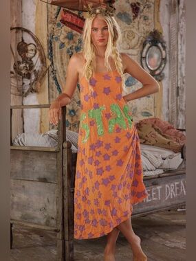 Rare Magnolia Pearl Lana Dress Appliqué Stars  Distressed Orange/Purple SZ O/S